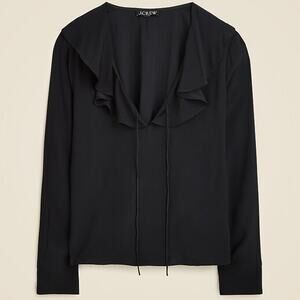 J Crew Goldie Satin Ruffle Neck Long Sleeve Top Women's XXS Black